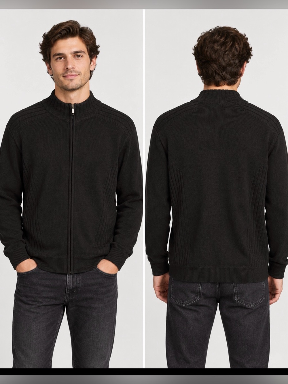 Perry Ellis America Men’s Black Full Zip Cotton Sweater Jacket Size Large